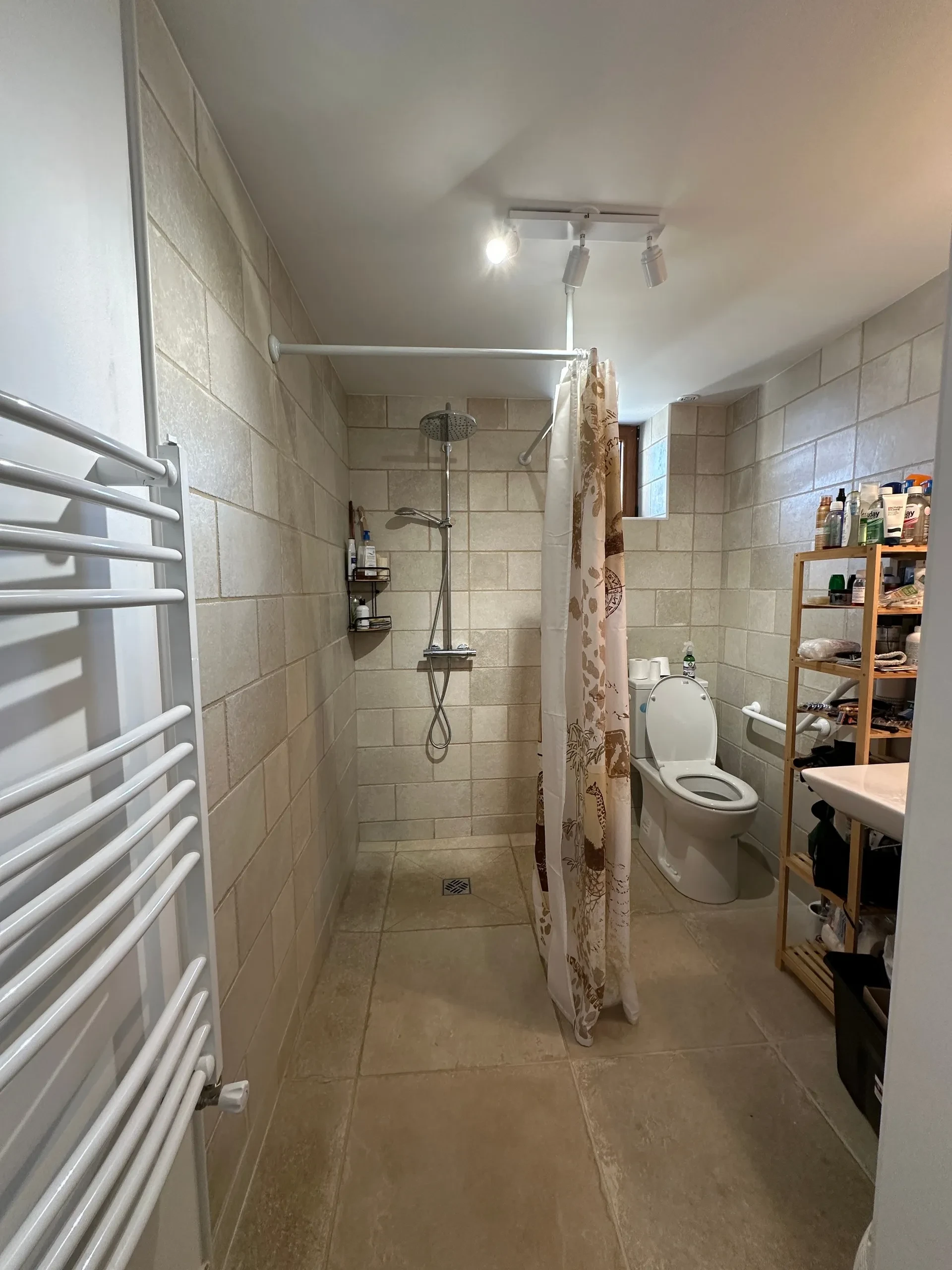 Salle de bain moderne avec douche et WC.