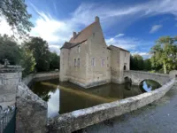 Château médiéval entouré de douves avec pont.